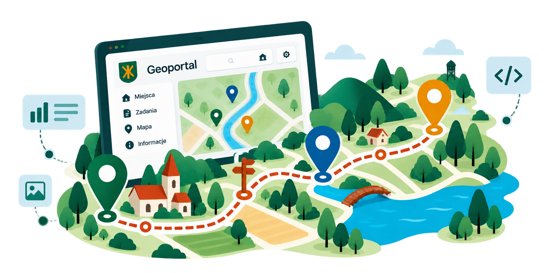 Ilustracja geoportalu z mapą i punktami zainteresowania